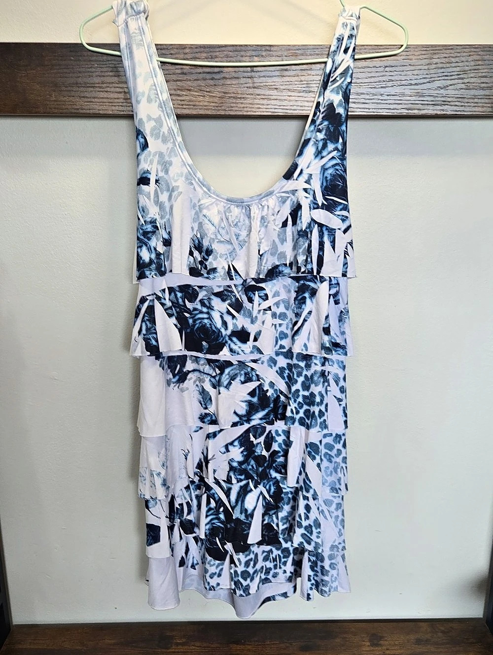 Maccime Tiered Mini Dress in Blue & White Size Medium Like New